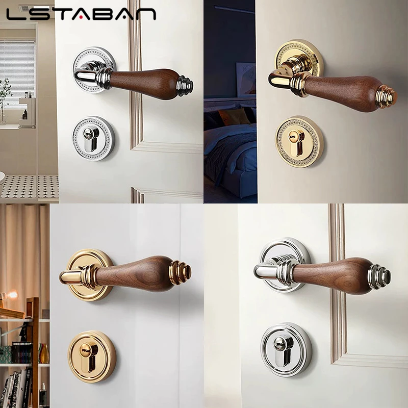 

Euro Walnut Wood Handle Door Lock Indoor Universal Security Door Locks Bedroom Mute Deadbolt Lock Furniture Hardware Accessories