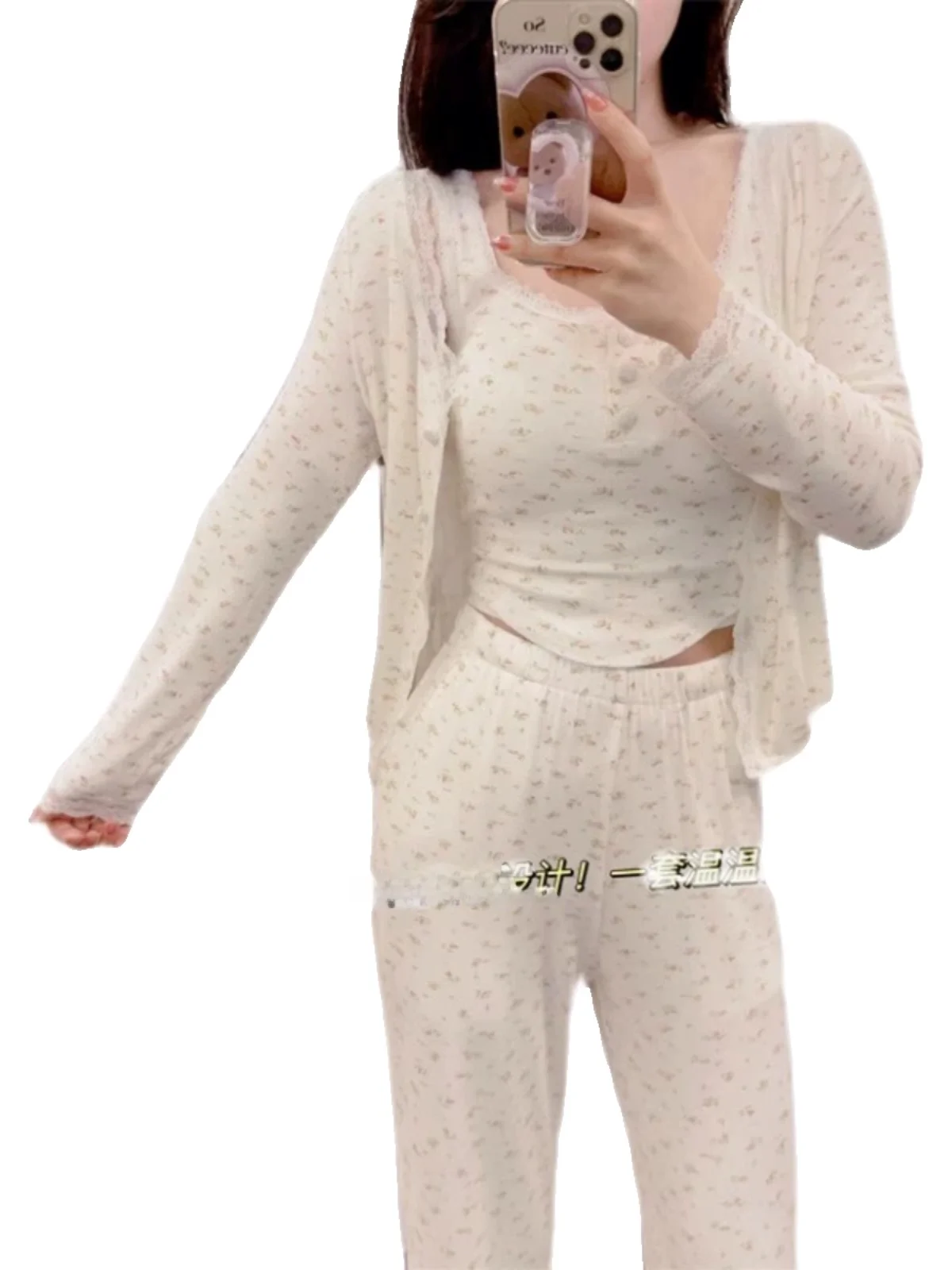 Sweet Floral Print Girl\'s Spwear round Ne Long Sve Pants Set Spring Autumn Cotton Home Clothes Tee-Piece Suit