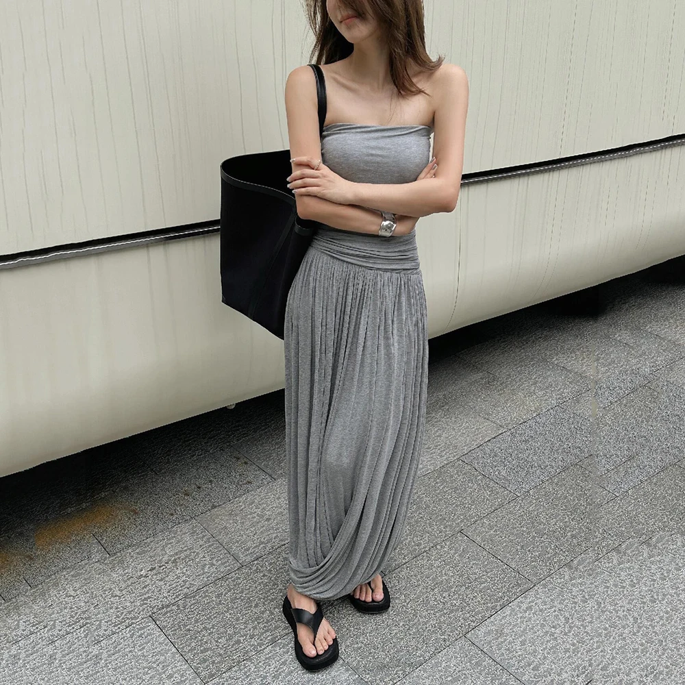 2024 Summer New Women\'s Dress Y2k Simple Slim Fashion Temperament Pleated Breast Sweeping Arc Spinning Modal Long Dresses