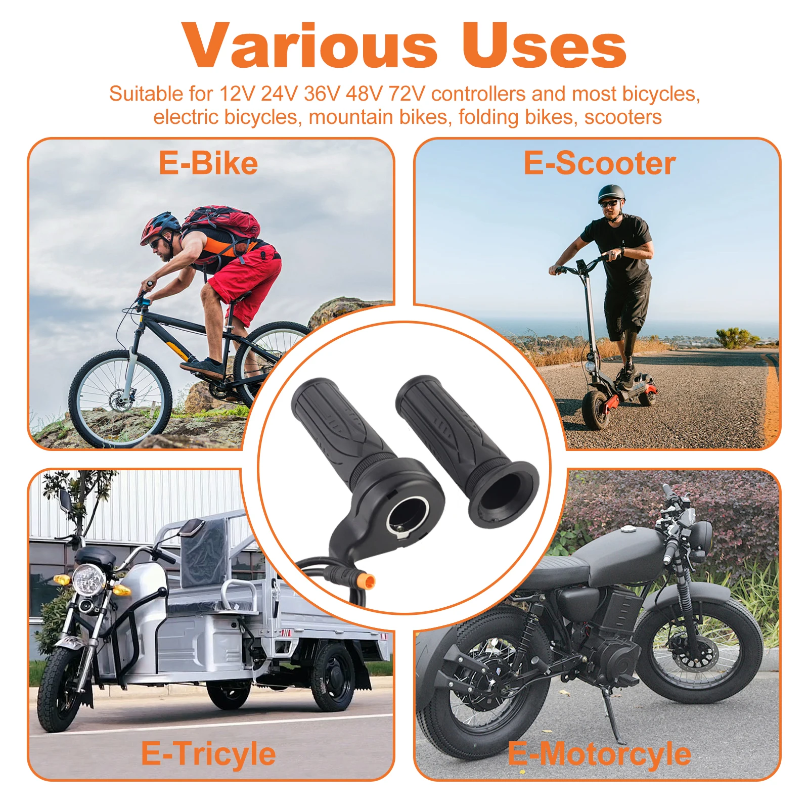 Full Twist Throttle Electric Bicycle Right Handle Throttle 24V 36V 48V 60V 72V 3-pin SM Connector for E Bikes Electric Scooter