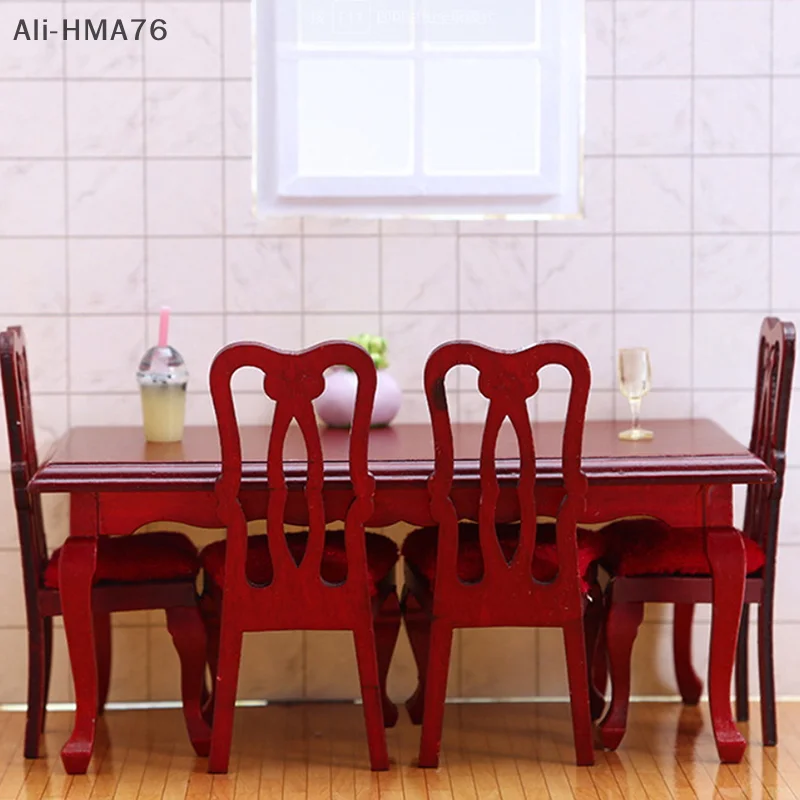 1 Pc 1:12 Dollhouse Miniatures Furniture Retro Wooden Dining Table and Chair Toy for Children Dollhouse Decoration Accessories