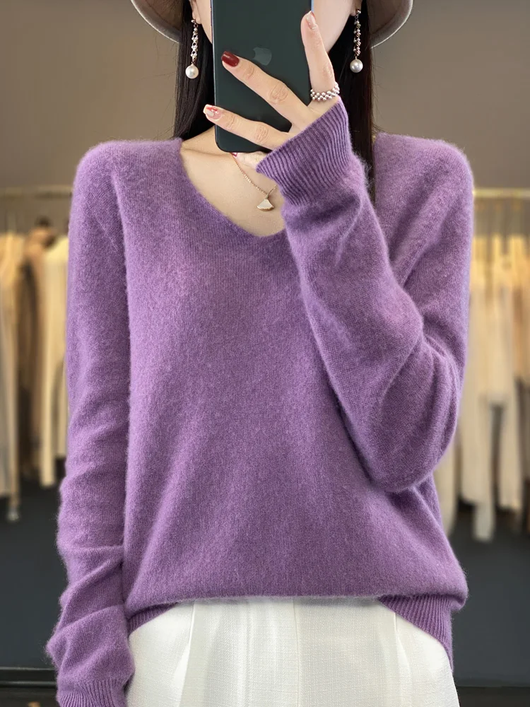 Women 100% Merino Wool Pullover Autumn Winter V-neck  Cashmere Sweater Basic Casual Solid Elegant Tops Fashion Clothing