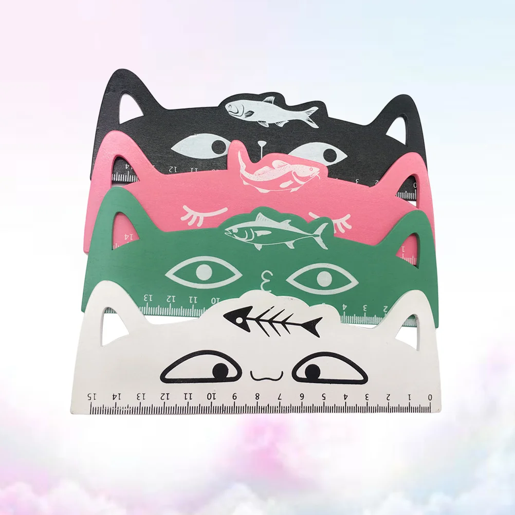 4Pcs Wooden Cat Shape Rulers Fish Pattern 15cm Clear Scale Measuring Tool for Kids School Office Supplies Cartoon Rulers