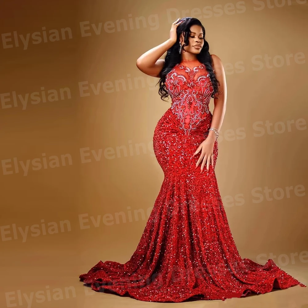 

Sparkling Women's Mermaid Sleeveless Evening Dresses Customized Robe De Soirée Prom Gowns Appliques Sequined Vestidos Para Mujer