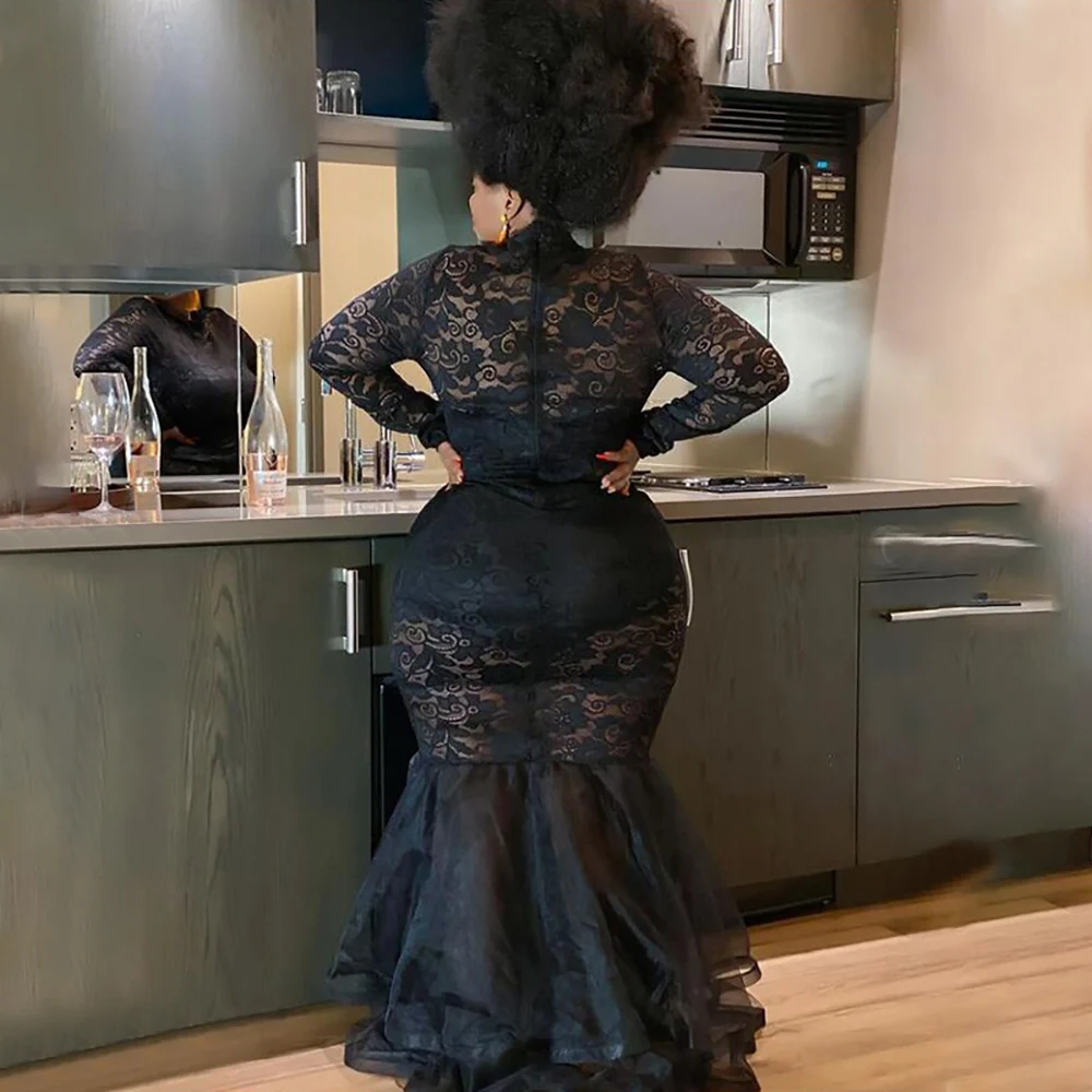 Sexy Sheer See Through Floral Lace Evening Maxi Dress Mock Neck Long Sleeve High Waist Bodycon Party Mermaid Dress Wedding Gown - view 4