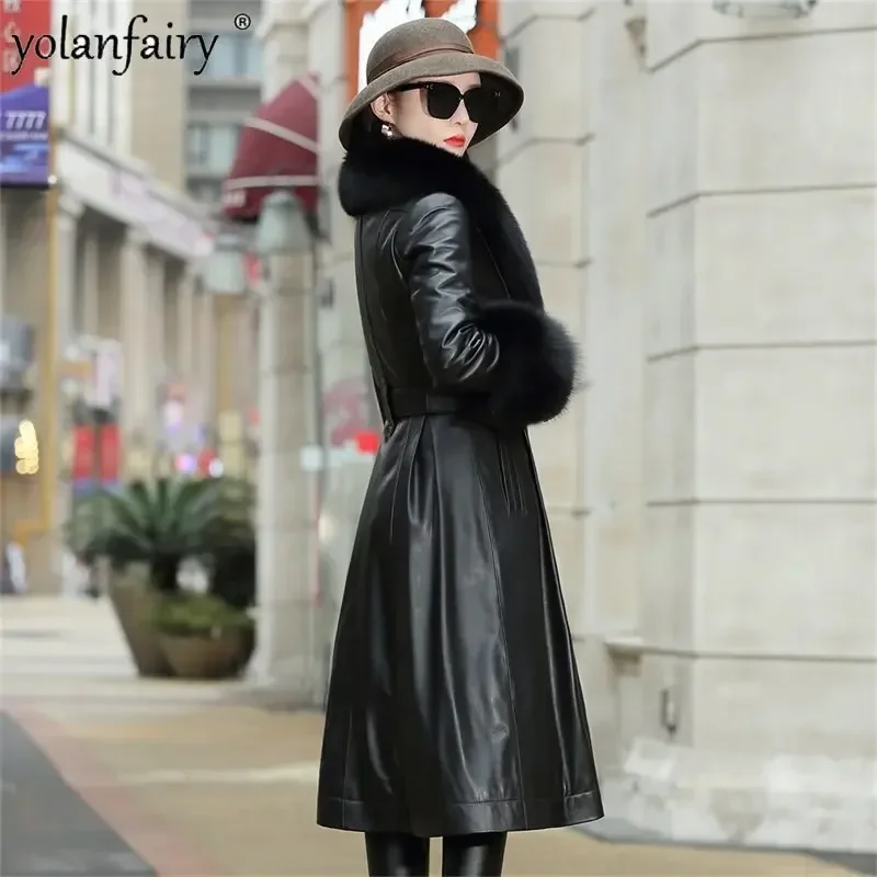 YOLANFAIRY High-end-Herbst Winter Unten Mantel Frau Echt Schaffell Echtes Leder Jacke Frauen Fuchs Kragen Koreanische Graben Mantel