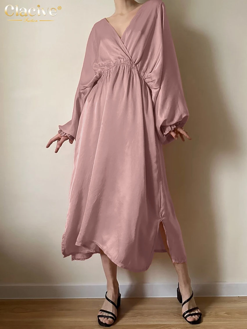

Clacive Fashion Loose Pink Satin Women's Dress 2025 Sexy V-Neck Long Sleeve Midi Dresses Elegant Classic Solid Female Dress