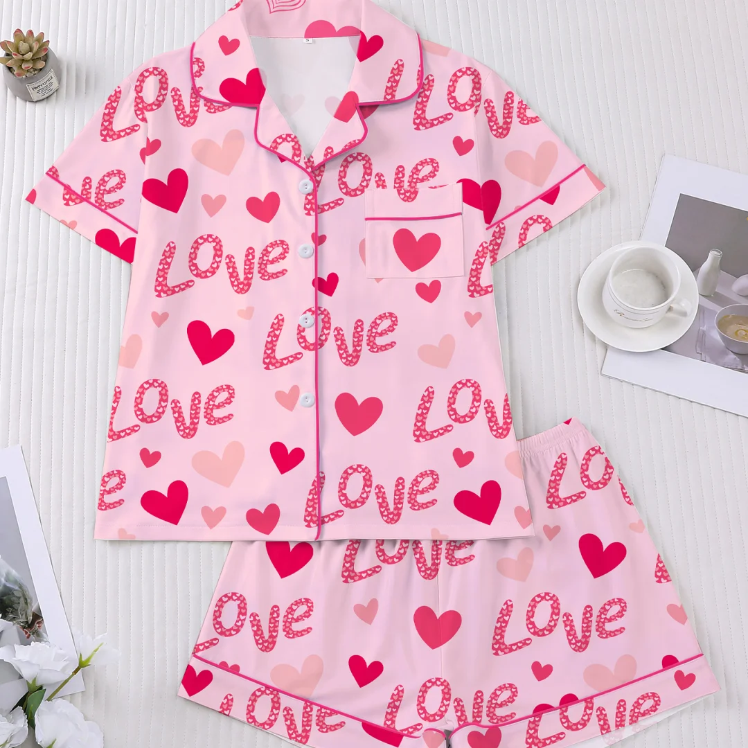 

Women's Pajama with Love Heart Print Pink Lapel Short Sleeve Shorts Loungewear Home Wear Set Clothes Valentine's Day Gifts