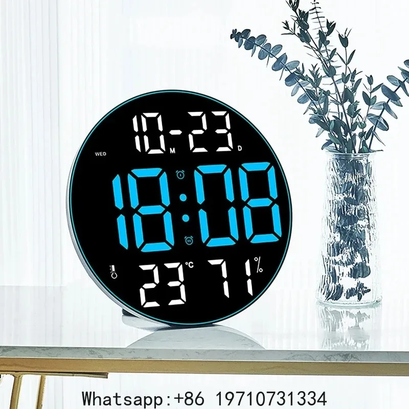 12 Inch Round Large Screen Big Digital Wall Clock LED Silent Time Week Date Temp Humidity Smart Electronic Clock Remote Control