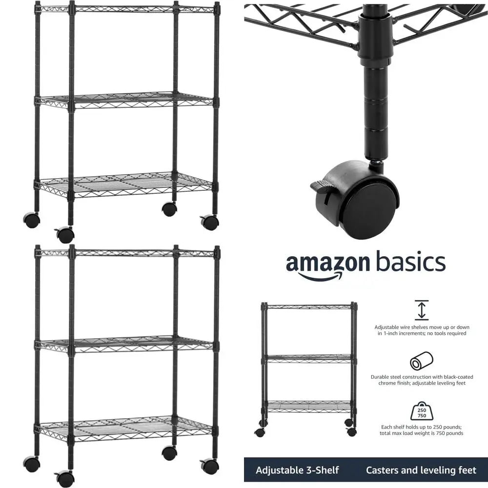 

Сверхмощные регулируемые 3-х уровневые стеллажи с 2 пластиковыми колесами, 23,2 x 13,4 В x 32,75 В, черная металлическая проволочная полка