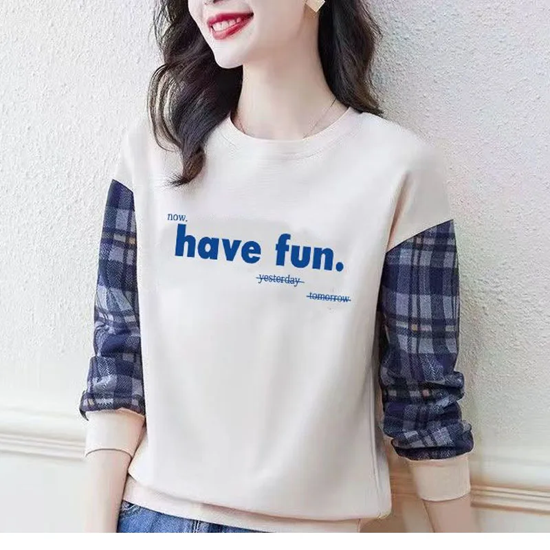 New Spring Autumn Fashion Trend Letter Printing Round Neck Loose Casual Versatile Simple Style Women\'s Long Sleeve Sweater