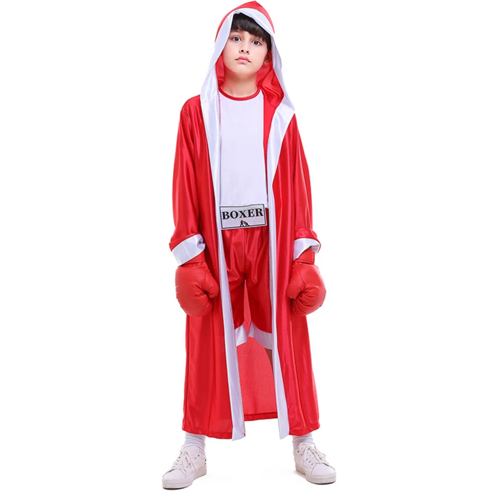 Children Kids Boxing Uniform Set Halloween Cosplay Costume Hooded Robe Short Sleeve Top Shorts Boxing Clothes Set