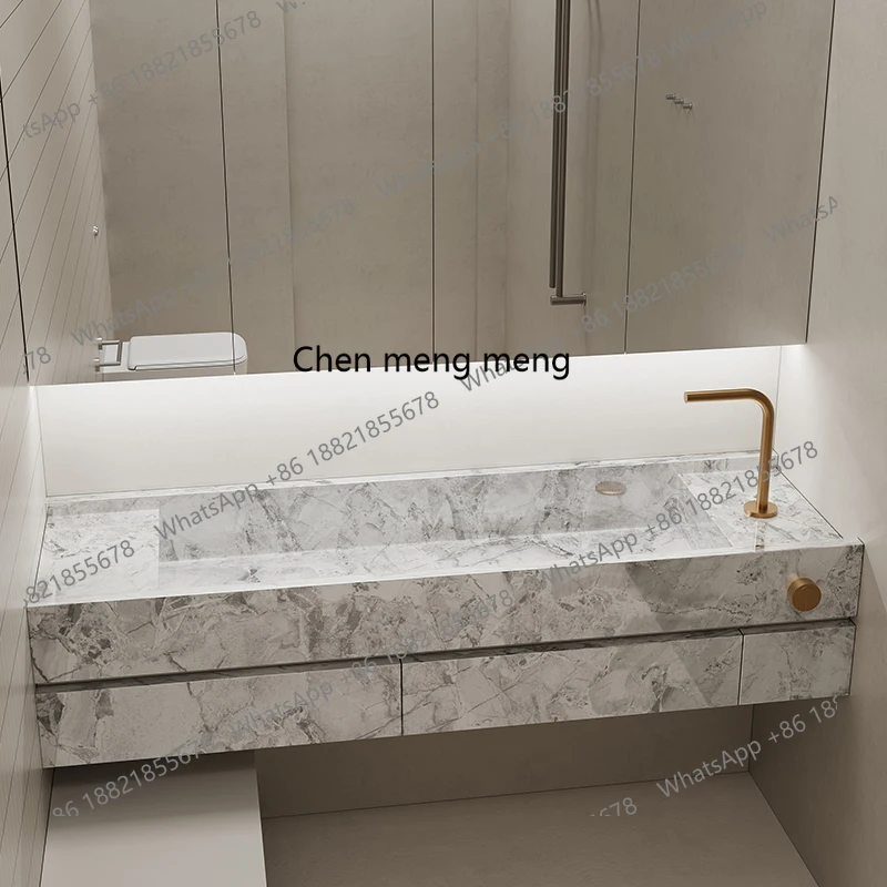 

Rock slab integrated basin hotel villa high-end hanging hand washing table washbasin bathroom cabinet customization
