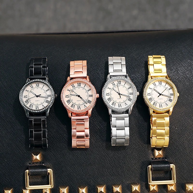 Reloj de cuarzo luminoso con diamantes de imitación romanos para mujer, correa de acero, Simple, Casual, Retro, relojes de pulsera de lujo para mujer, venta al por mayor