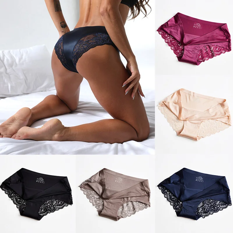 

Women's Panties Sexy Lace Hollow Out Low Waist Briefs For Women Solid Color Cotton Breathable Ice Silk Underpants Underwear