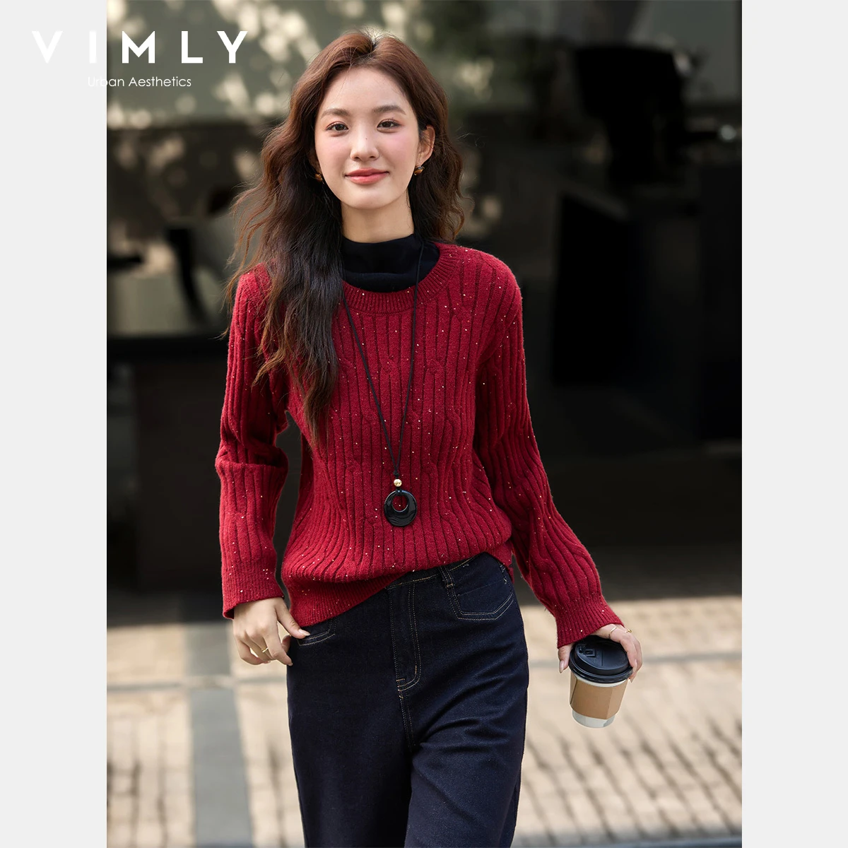 VIMLY Herfst 2025 Mode Vrouw Nieuwe Gebreide Rode Truien Casual Lovertjes Ronde Hals Trui Elegante Stretch Dames Truien 75130