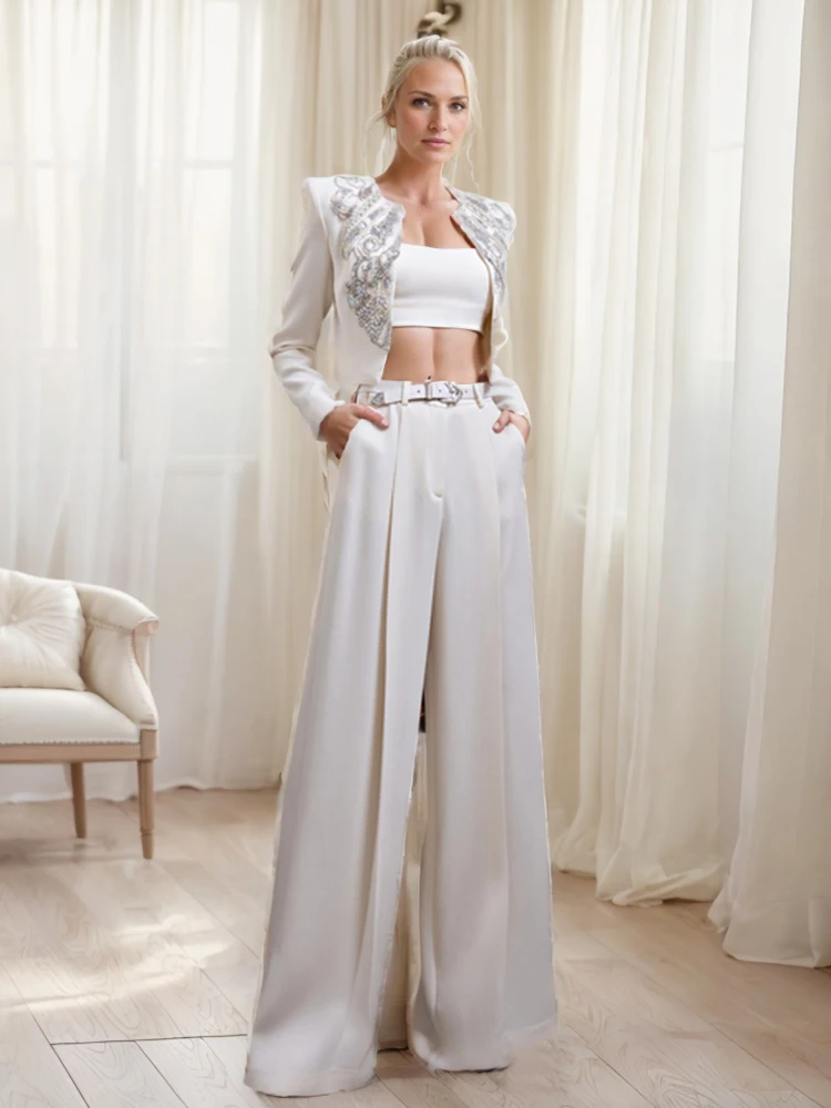 

High Quality New 2024 Designer Pants Sets Diamonds Rhinestone Beaded Jacket Wide Leg White Pants Suits Festival Outfit Women