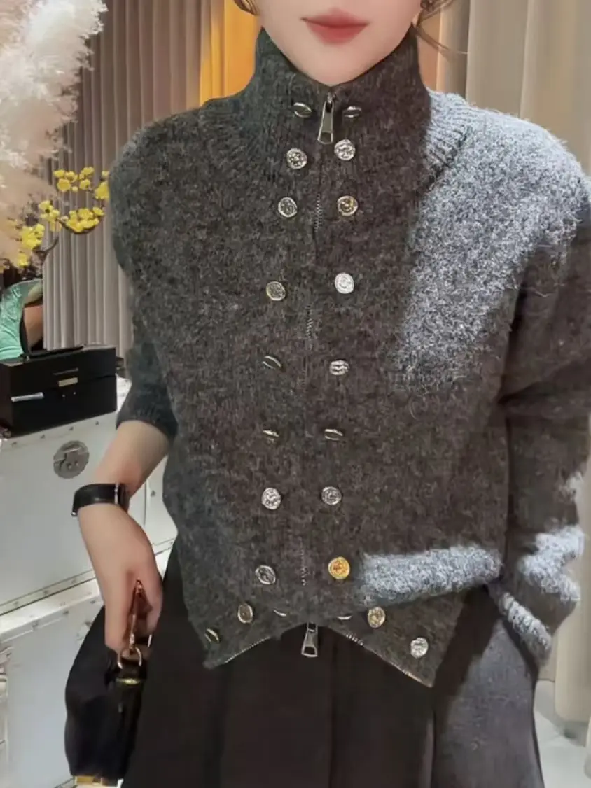 

Винтажный двубортный свитер, пальто, роскошный пушистый вязаный кардиган, женский осенний высококачественный вязаный топ на молнии 2000-х годов Y2k