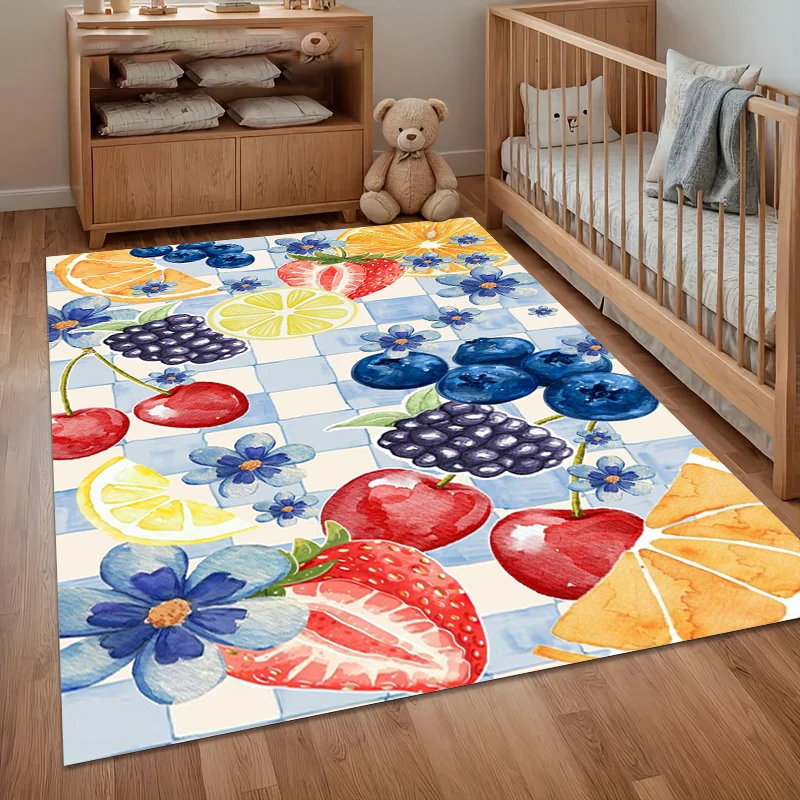 Fresh Fruit Rug Anti-slip Floor Mat Colorful Blueberry Orange Print Carpet for Living Room Kids Bedroom Entryway Home Decor