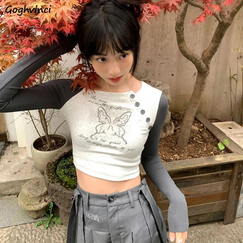 T-Shirts Women Panelled Ins Vintage Printed All-match Button Design Harajuku Long Sleeve Cropped Top Gentle Stylish Daily Autumn