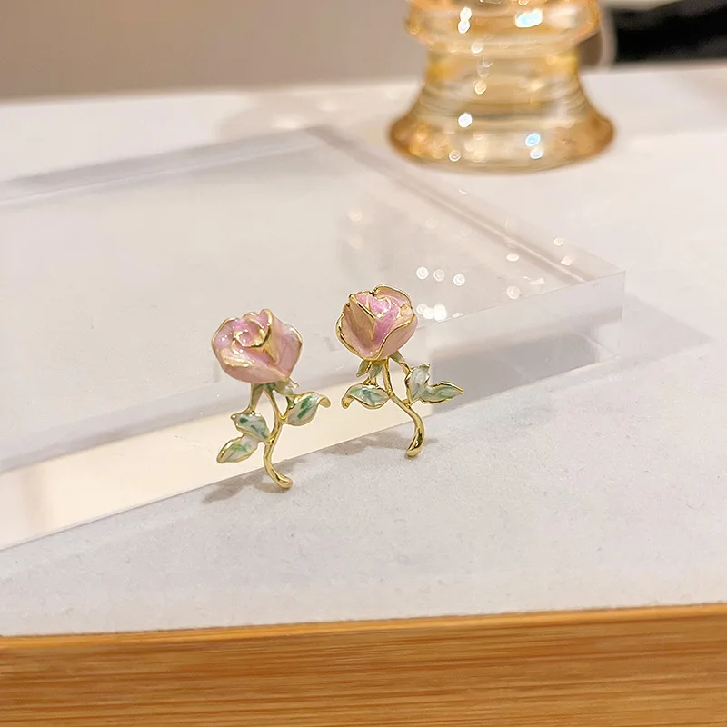 Rose Earrings Summer Female Pink Flower Earrings Niche Design Sense French Retro Enamel Ear Jewelry Explosion