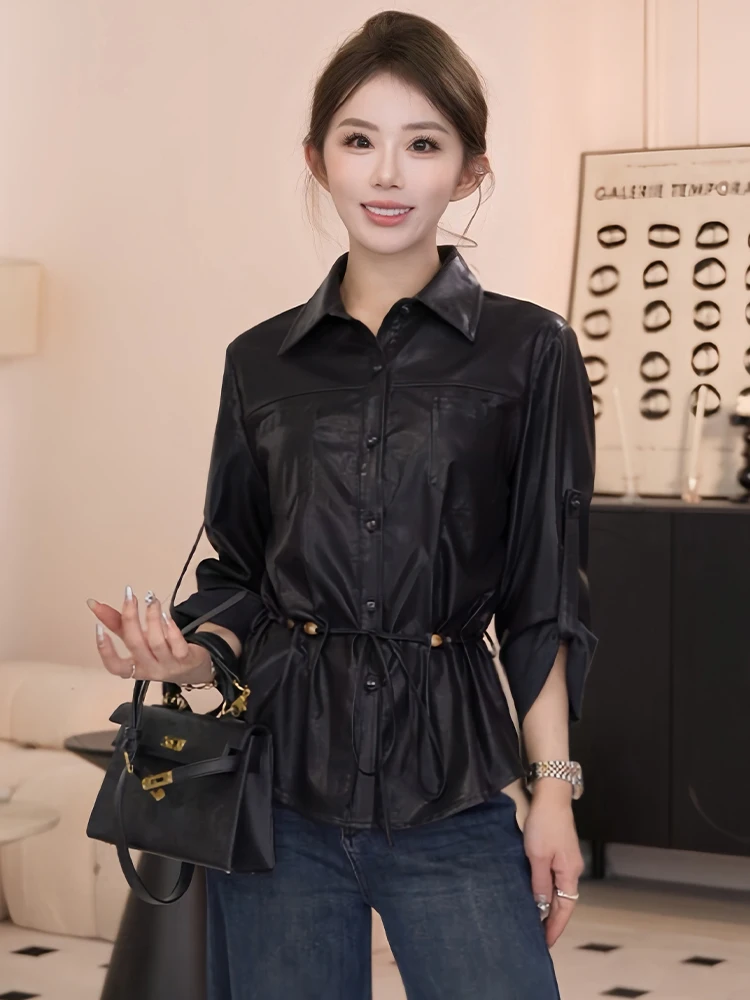 Ele Retro Revers Leer Jaet Dames Top Faionable Veelzijdig Vroege Herfst Nieuwe Sle Koreaanse Sle Pendelen Sle Loose Fit