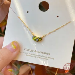Small Fresh Simple Green Zircon Heart Necklace 925 Sterling Silver 14k Gold Plated Clavicle Chain Women Valentine's Day Jewelry