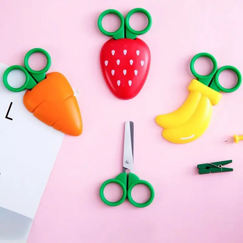 Strawberry Banana Carrot Shape Fridge Magnet with Small Scissor Decorative Sticker Stainless Steel Art Scissor Gift for Kids