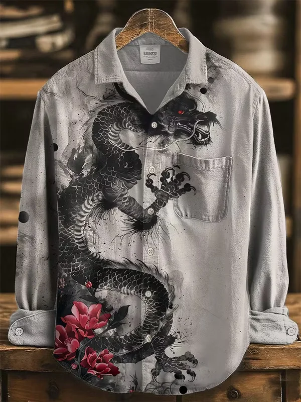 New men's pink purple square splicing watercolor daisy flower composite printed long sleeved shirt with collar top