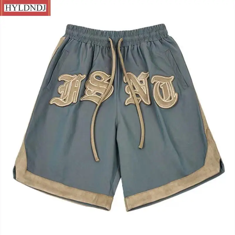 Shorts de streetwear casual de cinco pontas masculino, bordado com letra vintage, elástico na cintura, roupa exterior solta, verão, novo, 2022