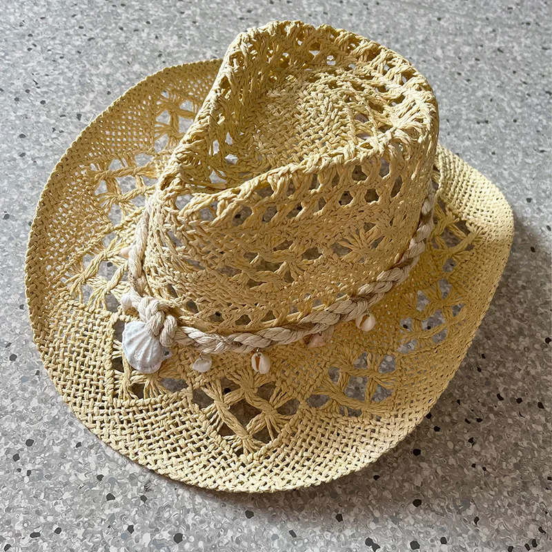 Vintage Sommer Strand Bohemian Strohhut mit Muscheln für Damen und Herren, Western Cowboyhüte mit Holzperlen, Ausgehöhlter Sonnenhut, Urlaubsmütze – Detail 2
