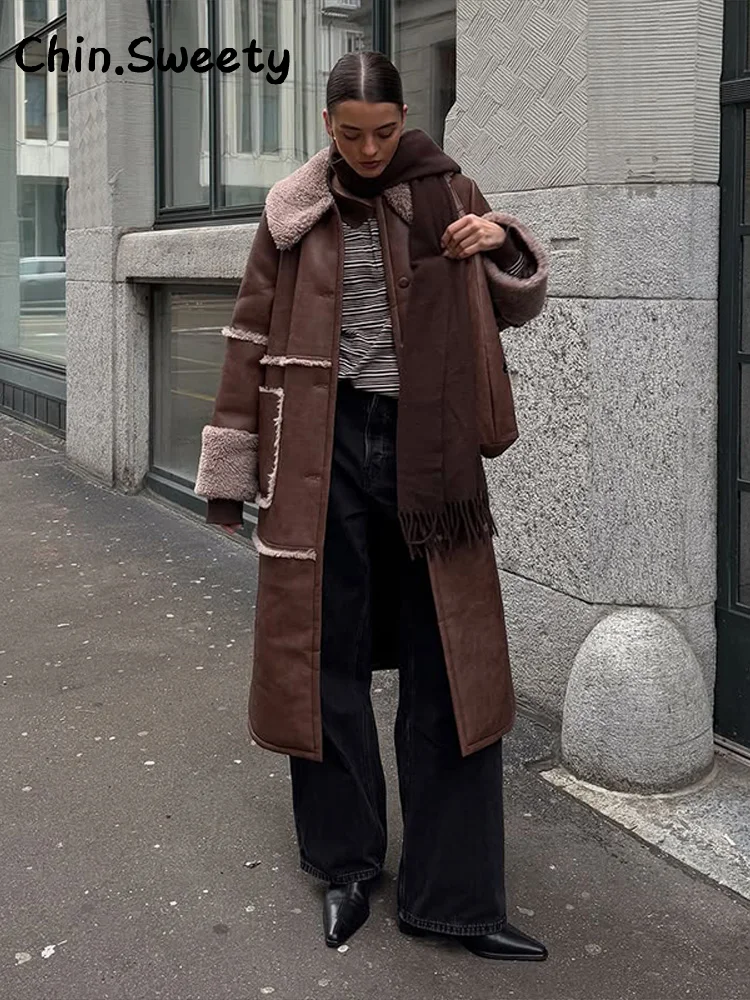 Elegante dames nepbont patchwork leren jas losse revers volledige mouw enkele rij knopen overjas 2025, herfst winter dame uitloper