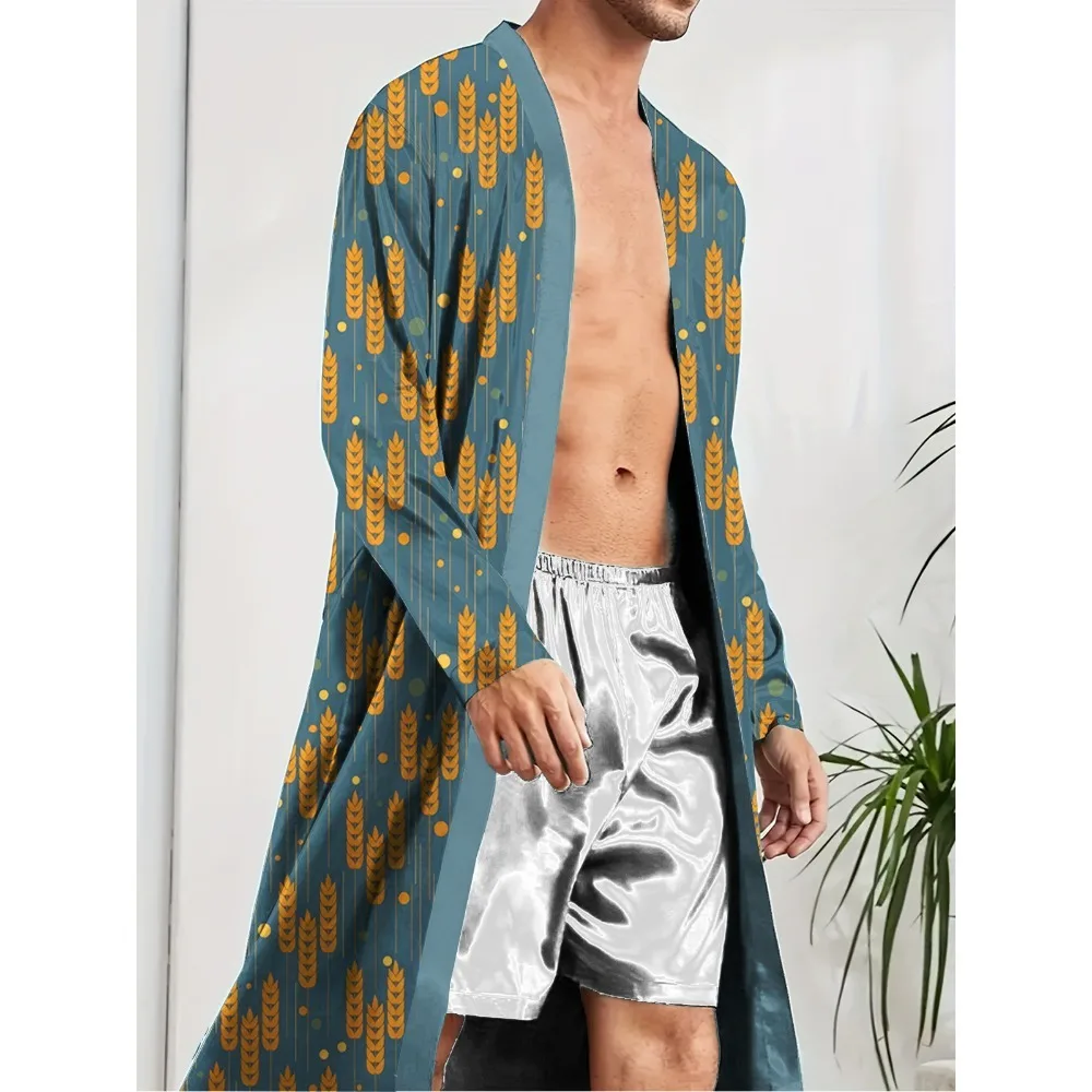Men's long robe with wheat pattern digital printing, spring and autumn leisure entertainment fun sleeping robe quick drying