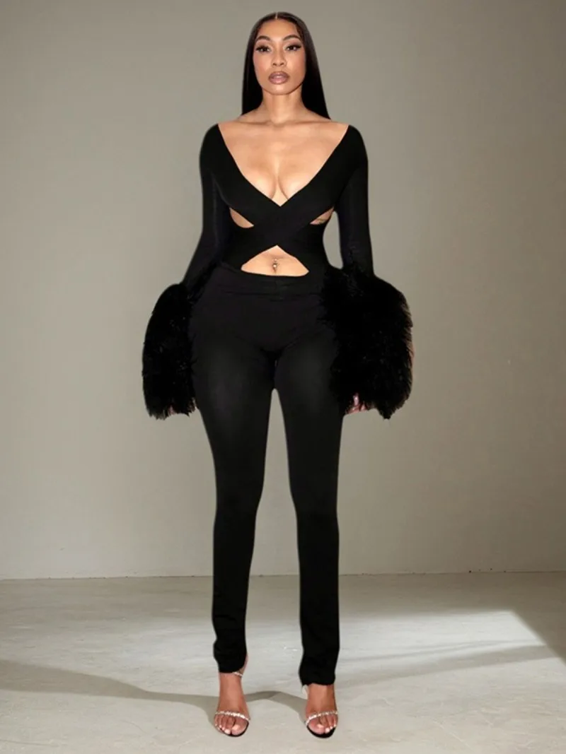 

FDYOUI 2025 осень-зима ажурные меховые лоскутные комбинезоны женские сексуальные цельные комбинезоны с длинными рукавами для вечеринок High Street