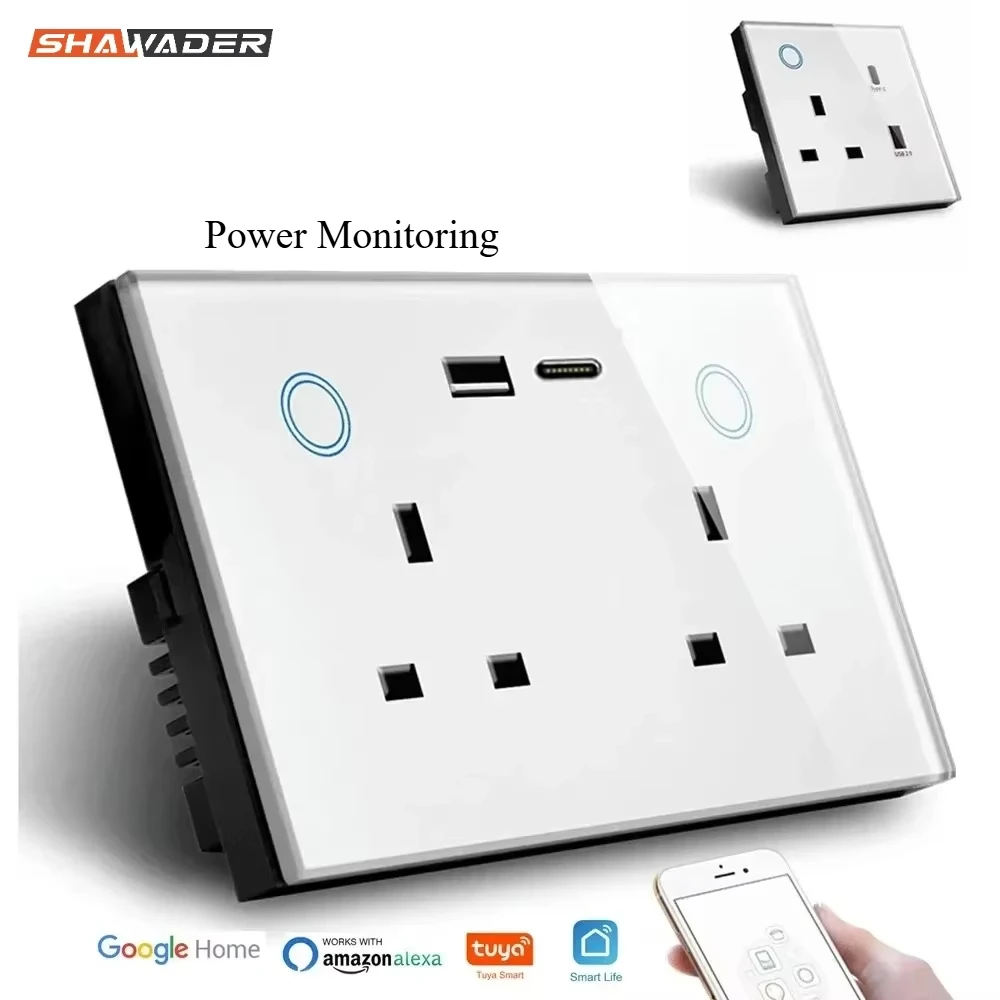 Shawader WIFI Smart Tuya USB Type-C PD 20W Wall Socket UK Plug Outlet Power Monitoring Touch Switch Remote by Alexa Google Home