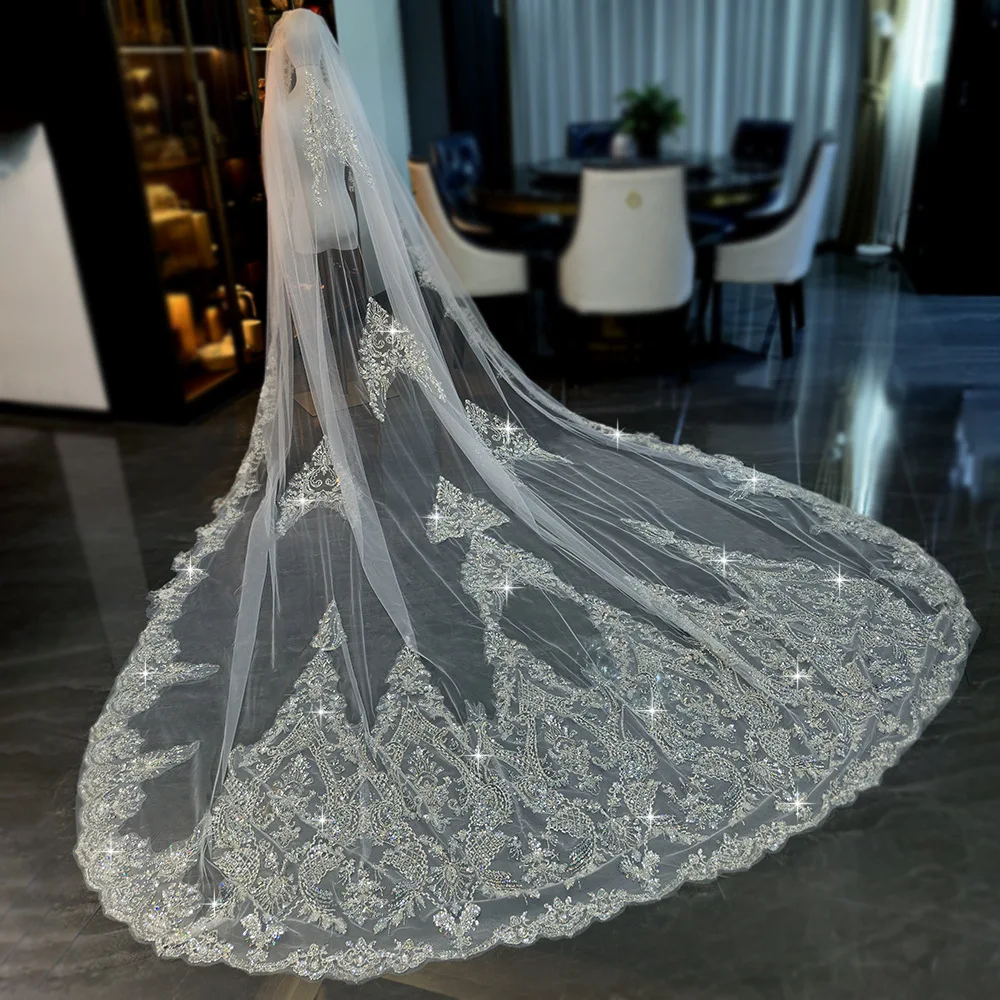 Exquisite Mantilla Wedding Veils with Comb Crystal with Applique Beads Long Cathedral Bridal Veils Real Pictures L&P DQL Studio image 2