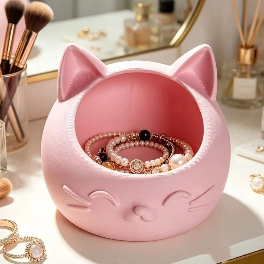 Cat-Shaped Desktop Storage Container 3D Printed Wide Mouth Storage Tray Multi-Purpose Creative Design Storage Box Dressing Table