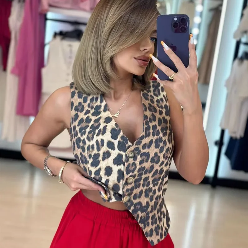 TRAF Leopard Vest Woman 2024 Vintage Cropped Sleeveless Vest Women Office Casual Coats Lady Vests Print Women\'s Suit Vest Top