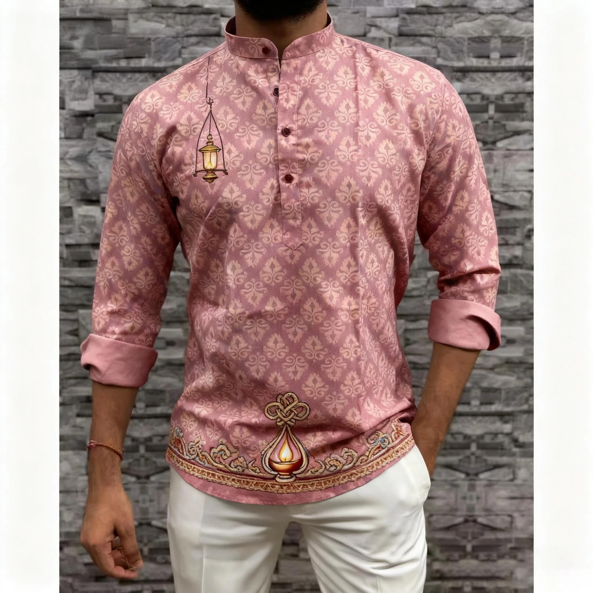 الرجال مسلم بسيط عارضة قميص العرقية الطباعة نمط طويل الأكمام قميص الوقوف طوق البرق رقيقة بلوزة النمط الوطني