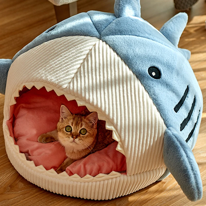 

Cat Bed for Winter with Semi-Enclosed Design, Adorable Shark Shape and Comfortable Material, Ideal for Napping and Sleeping