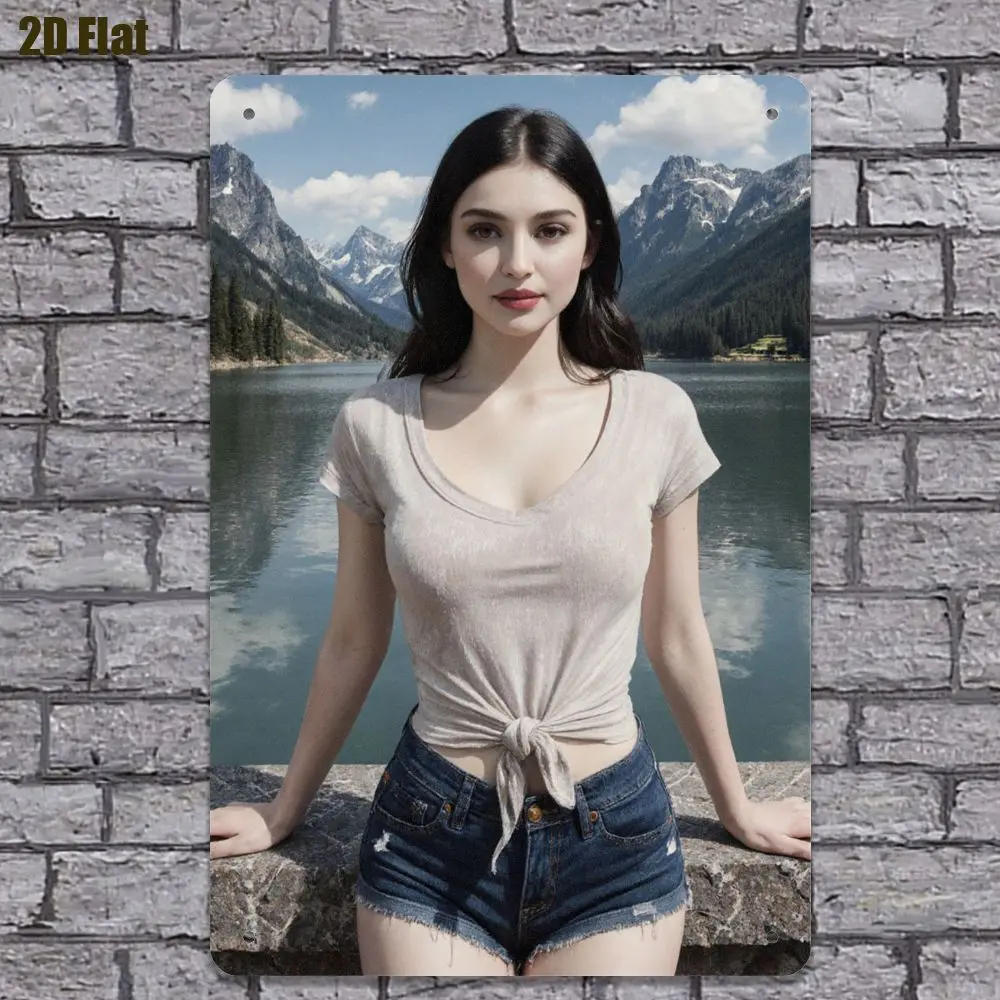 Arte Metálico para Pared, Impresión de Lago y Montaña con Mujer en Top Beige y Pantalones Cortos Azules, Póster Minimalista 2D de Paisaje para Hogar, Oficina o Cabaña