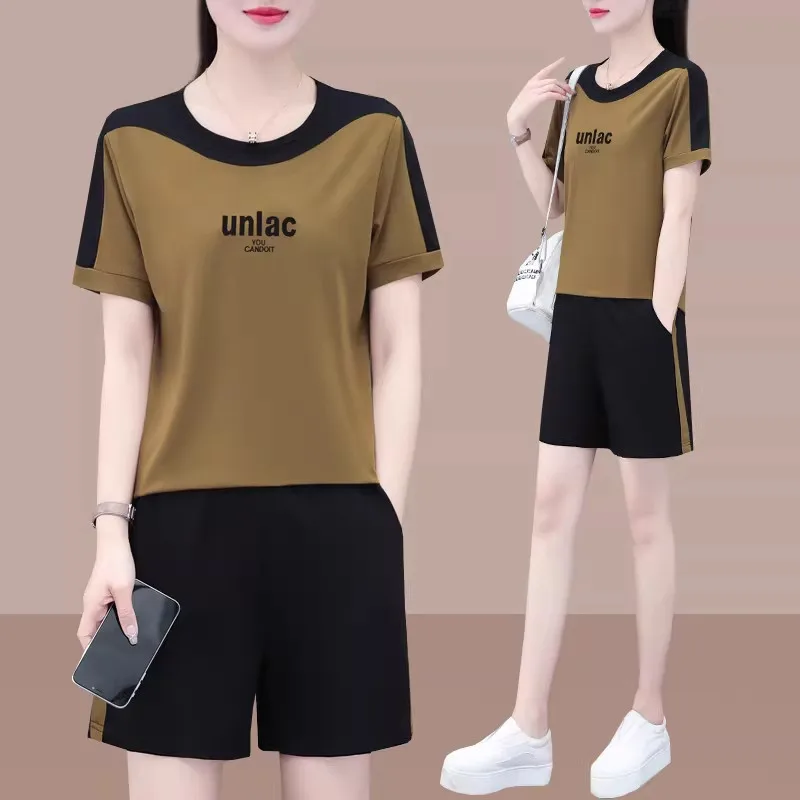 

Ice Silk Short Sleeve Shorts Set Women Summer Thin Loose Casual mid Age Mom Two Piece Set Comfortable Breathable Casual Style