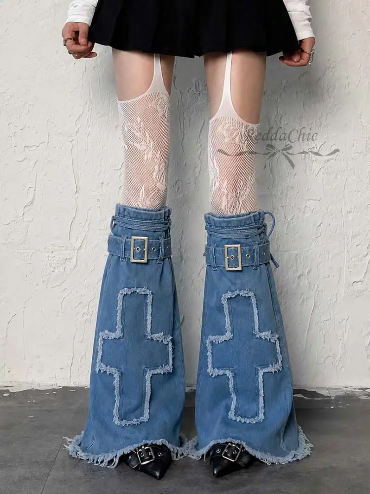 ReddaChic Y2k Cross Patched Leg Warmers Women Vintage Knee Long Raw Hem Strappy Flared Denim Boots Cover Cowgirl Accessories