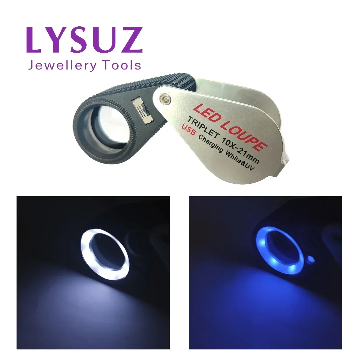 USB Charging LED 10X Loupe With Dual Light Withe UV Jewelry Diamond Gemstone Magnifying Glass Watch Antique Identification Tool