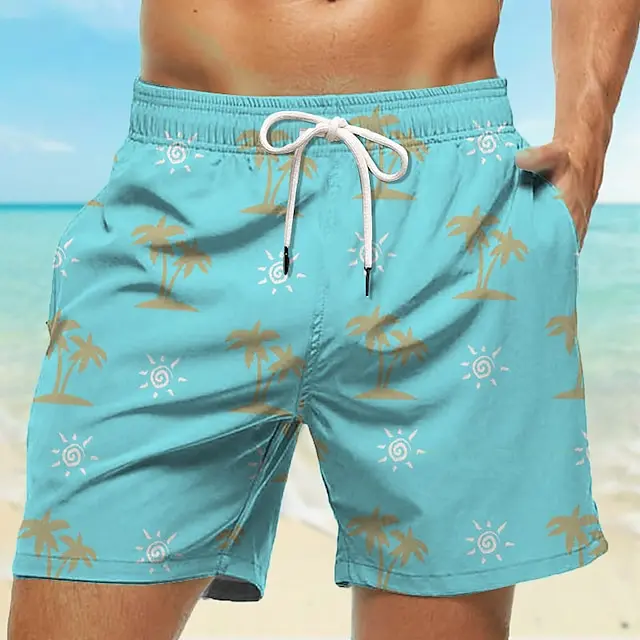 Fashion Men's Board Shorts Drawstring Coconut Tree Quick Dry Shorts Holiday Beach Hawaiian Casual Pink Blue Micro-elastic Shorts