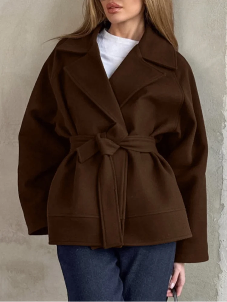 Casual rua feminino novo início do outono casacos rendas até lapela casaco de lã mulher cor sólida mangas compridas solto único botão casacos