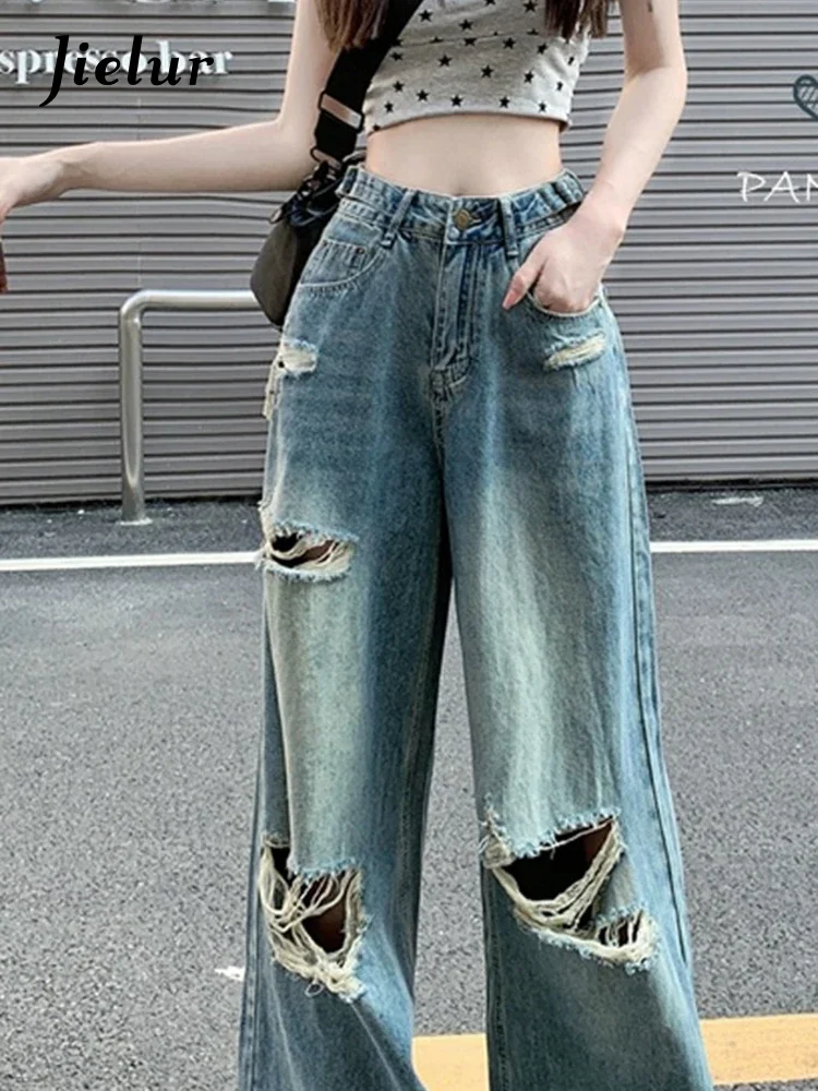 

Jielur Autumn New American Retro Holes Jeans Women High Waist Loose Slim Chicly Women's Jeans Blue Street Casual Jeans Female