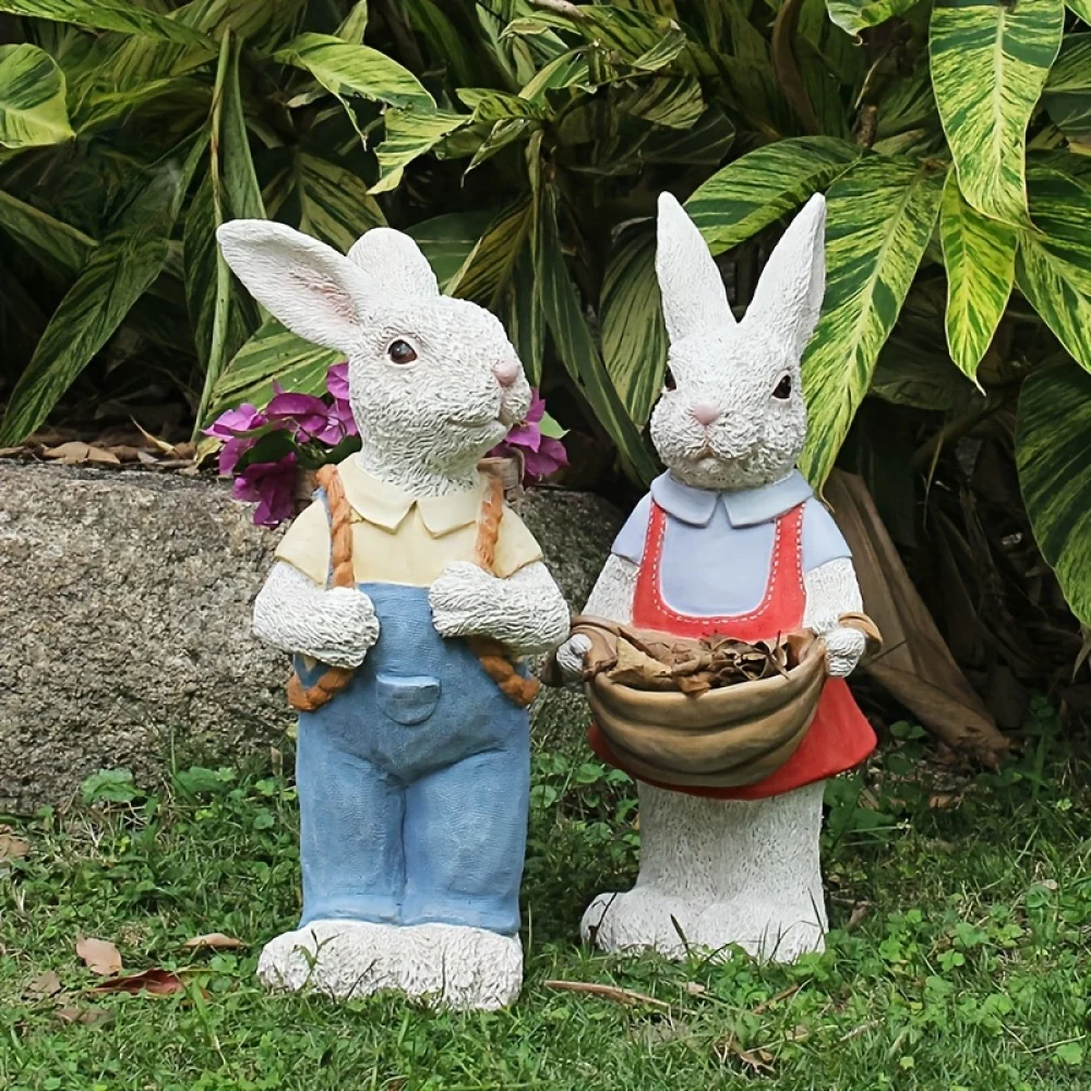 Simulated Couple Rabbit Statue Flower Pot Ornament, 17'' Resin Crafts Garden Sculpture Decor, Household Guardian Ornament, Ideal Gift for Independence Day for Yard Home Outdoor Decor view 6
