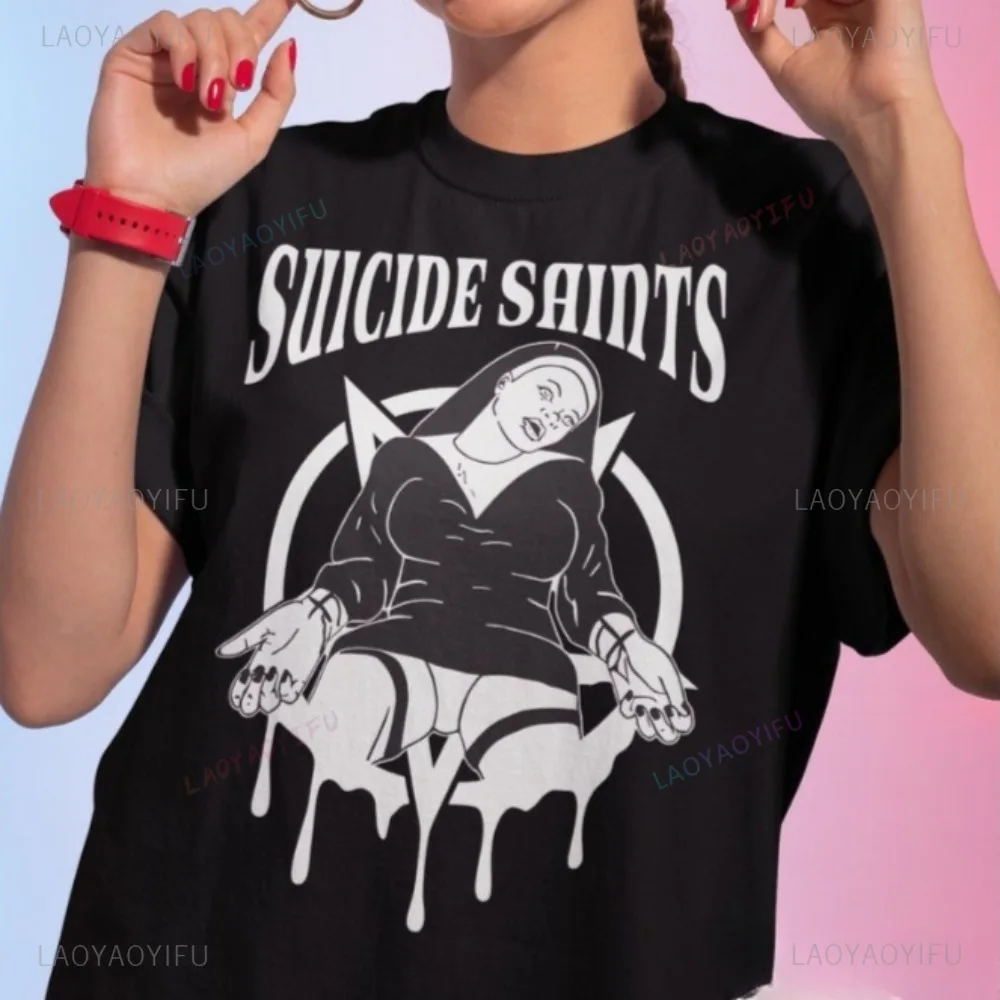 

Vintage Terror Style Satan Saints Nun Graphic Printed T-shirt Christian Religious Faith Casual Fashion Loose Harajuku Man Tshirt