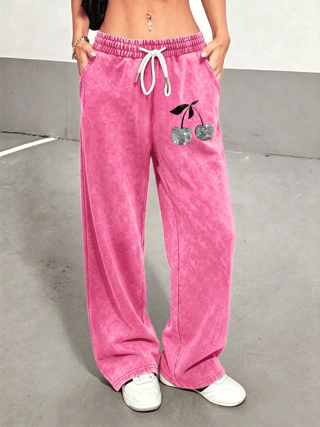 Vintage Washed Distressed Women's Trousers, Fashionable, Comfortable and Versatile Cherry Print Pants